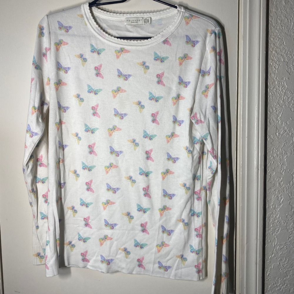 Polkadot England Butterfly Pajama Set White Long Sleeve Top Shorts M/L L